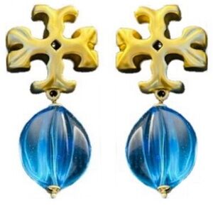 TORY BURCH GOLD ROXANNE LOGO BLUE DROP STATEMENT EARRINGS